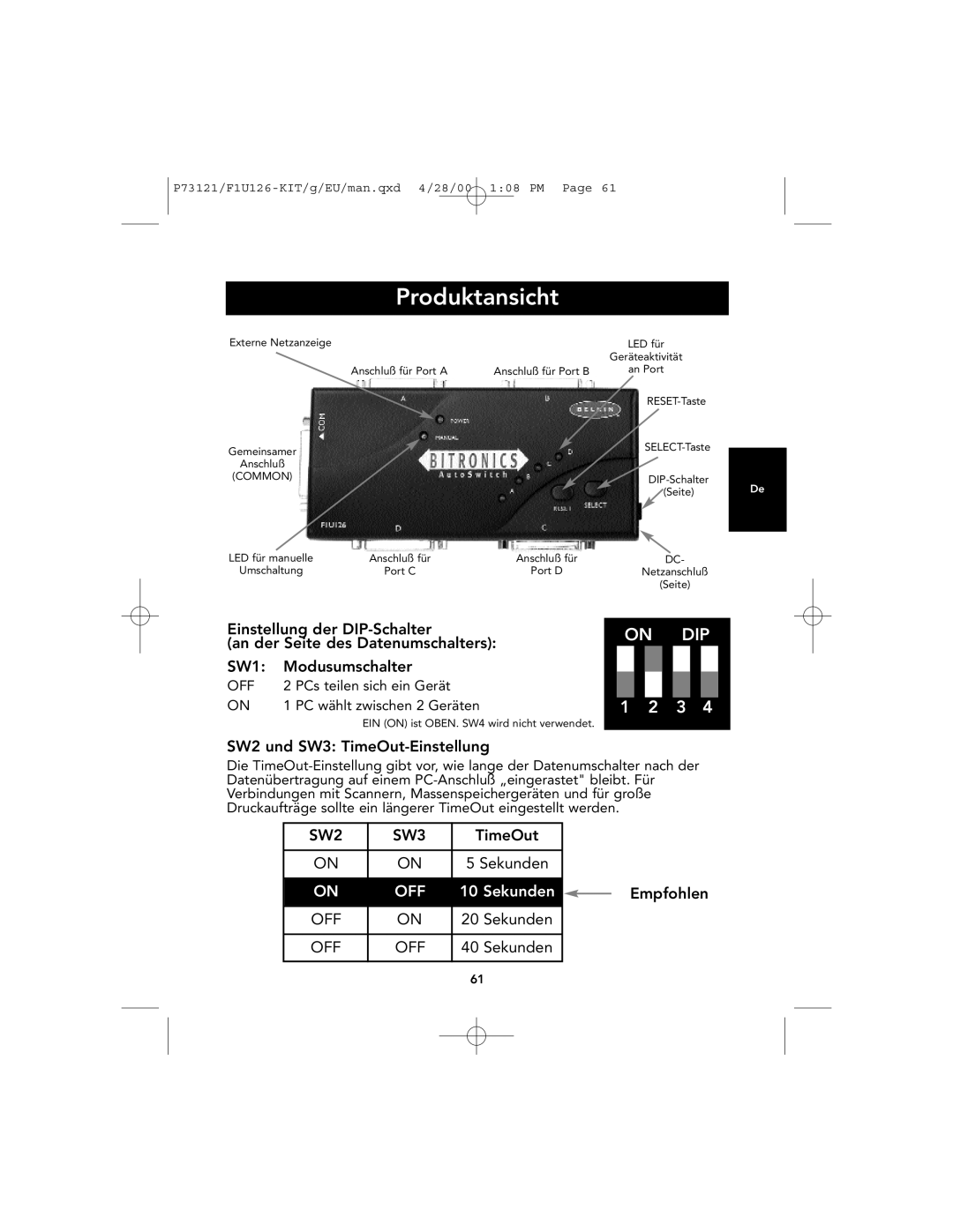 Belkin F1U126-KIT, P73121 user manual Produktansicht, Sekunden, ON DIP 1 2 3, PC wählt zwischen 2 Geräten 