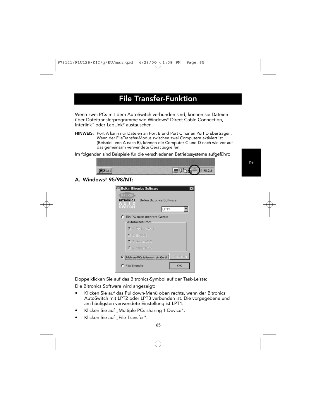 Belkin F1U126-KIT, P73121 user manual File Transfer-Funktion 