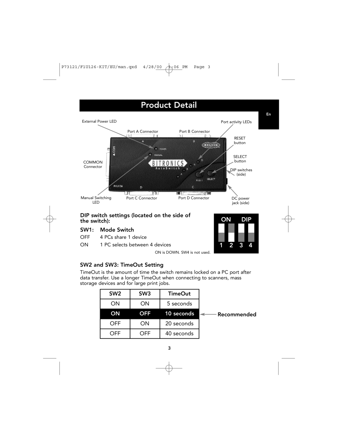 Belkin F1U126-KIT, P73121 user manual Product Detail, ON DIP 1 2 3, seconds 
