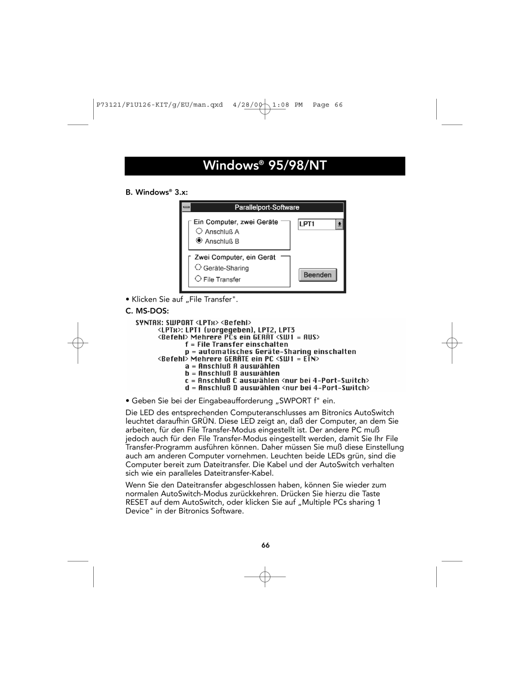 Belkin P73121, F1U126-KIT user manual Windows 95/98/NT 