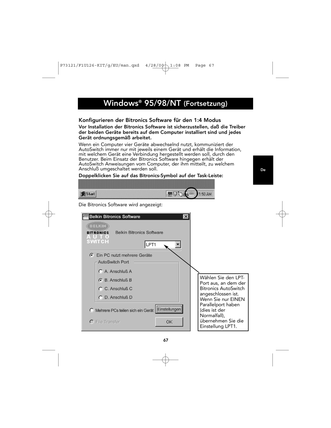 Belkin F1U126-KIT, P73121 user manual Windows 95/98/NT Fortsetzung, Konfigurieren der Bitronics Software für den 14 Modus 