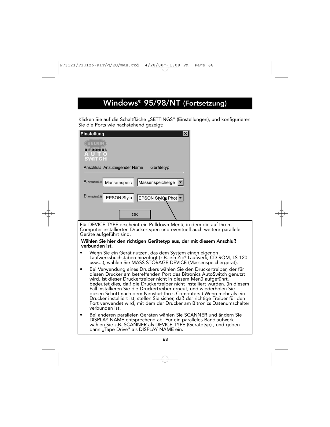 Belkin P73121, F1U126-KIT user manual Windows 95/98/NT Fortsetzung 