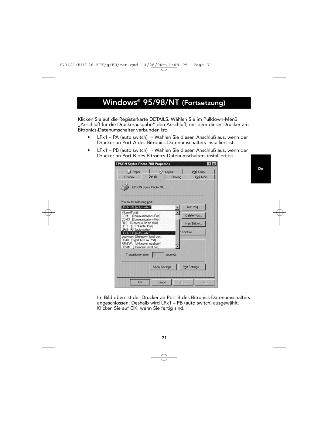 Belkin F1U126-KIT, P73121 user manual Windows 95/98/NT Fortsetzung 