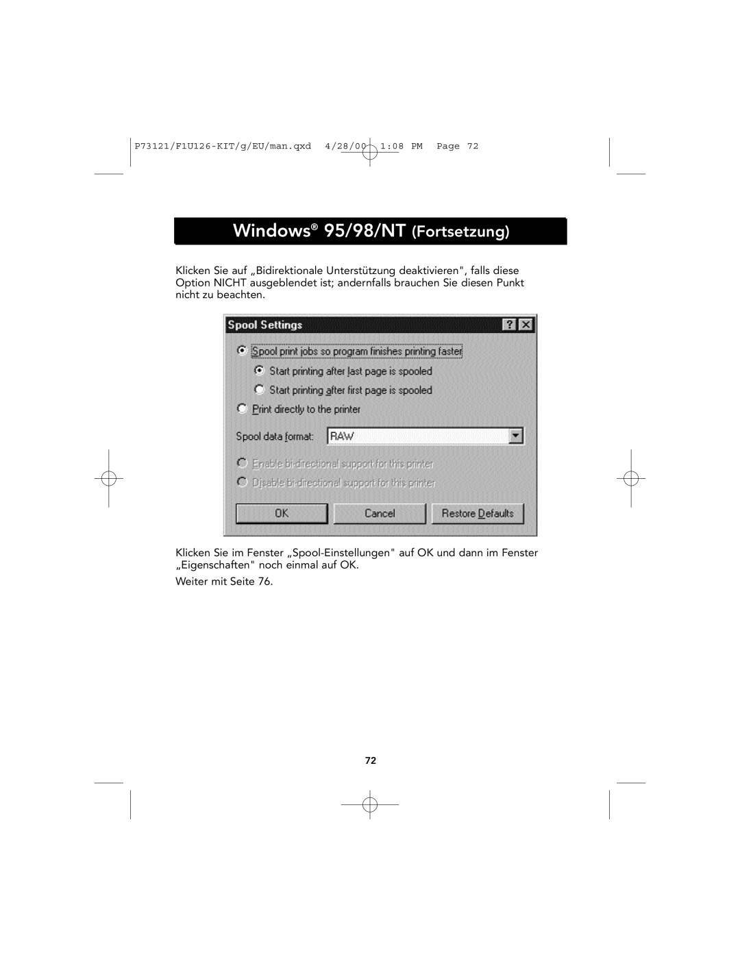 Belkin P73121, F1U126-KIT user manual Windows 95/98/NT Fortsetzung, Weiter mit Seite 