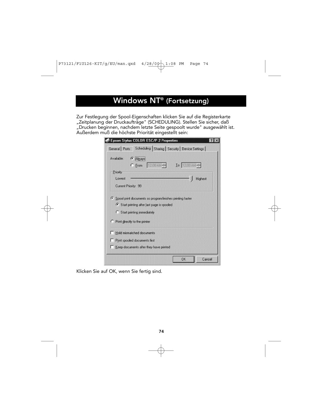 Belkin P73121, F1U126-KIT user manual Windows NT Fortsetzung, Klicken Sie auf OK, wenn Sie fertig sind 