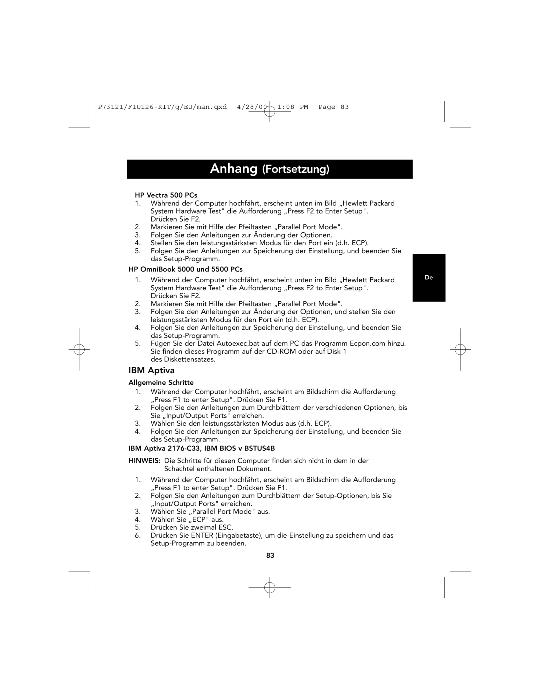 Belkin F1U126-KIT, P73121 user manual Anhang Fortsetzung, IBM Aptiva 