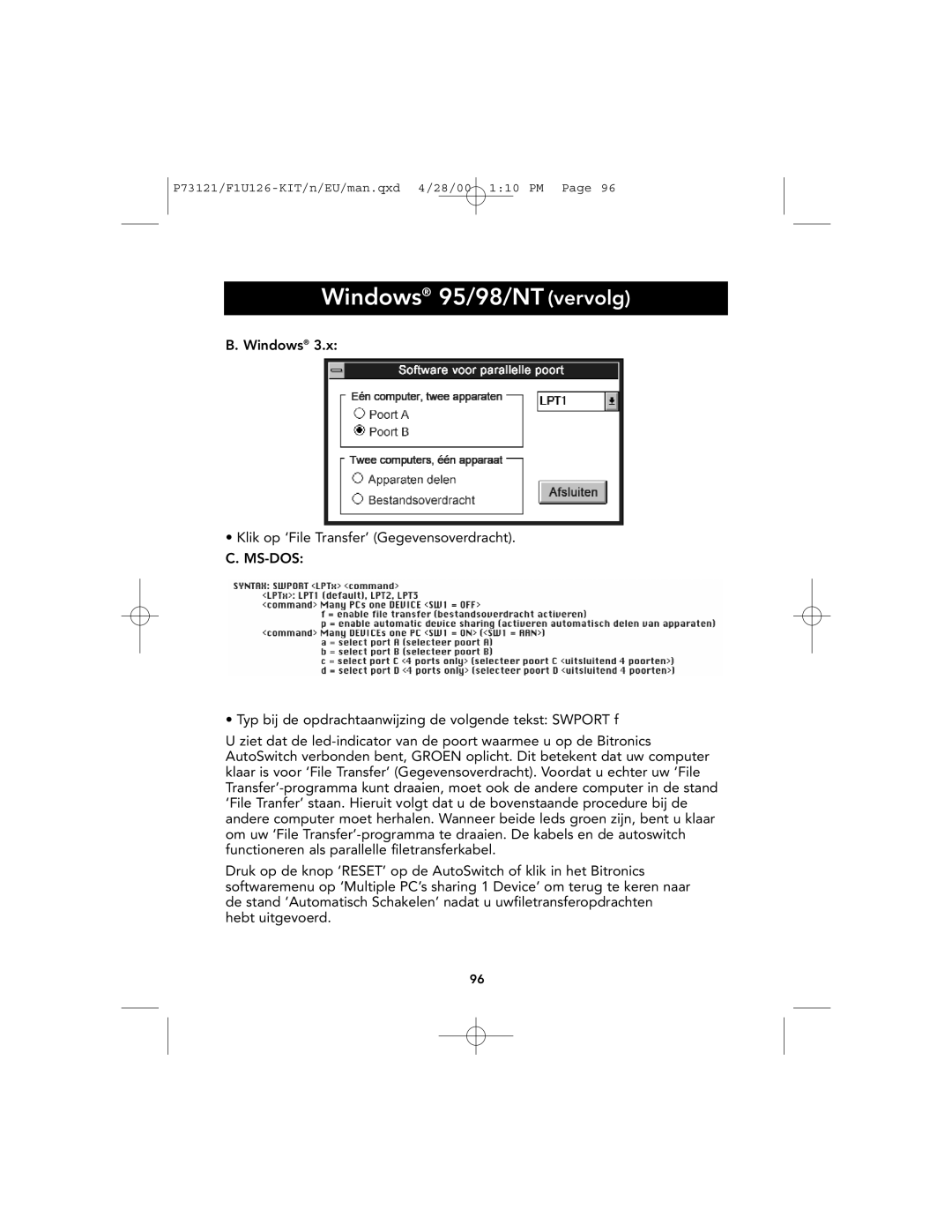Belkin F1U126-KIT, P73121 user manual Windows 95/98/NT vervolg 