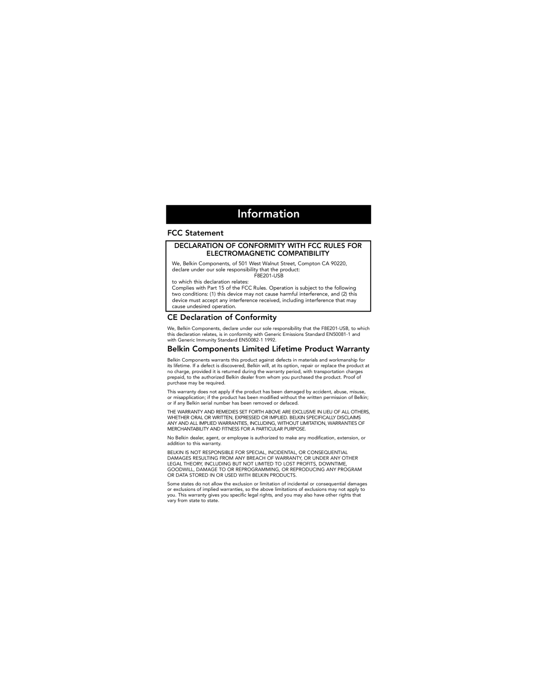 Belkin P73123, F8E201 user manual Information, FCC Statement, CE Declaration of Conformity 