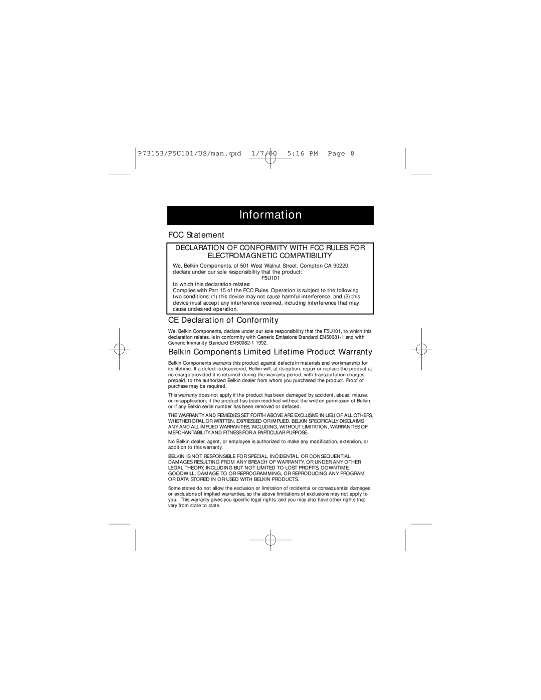 Belkin P73153, F5U101 user manual Information, FCC Statement 