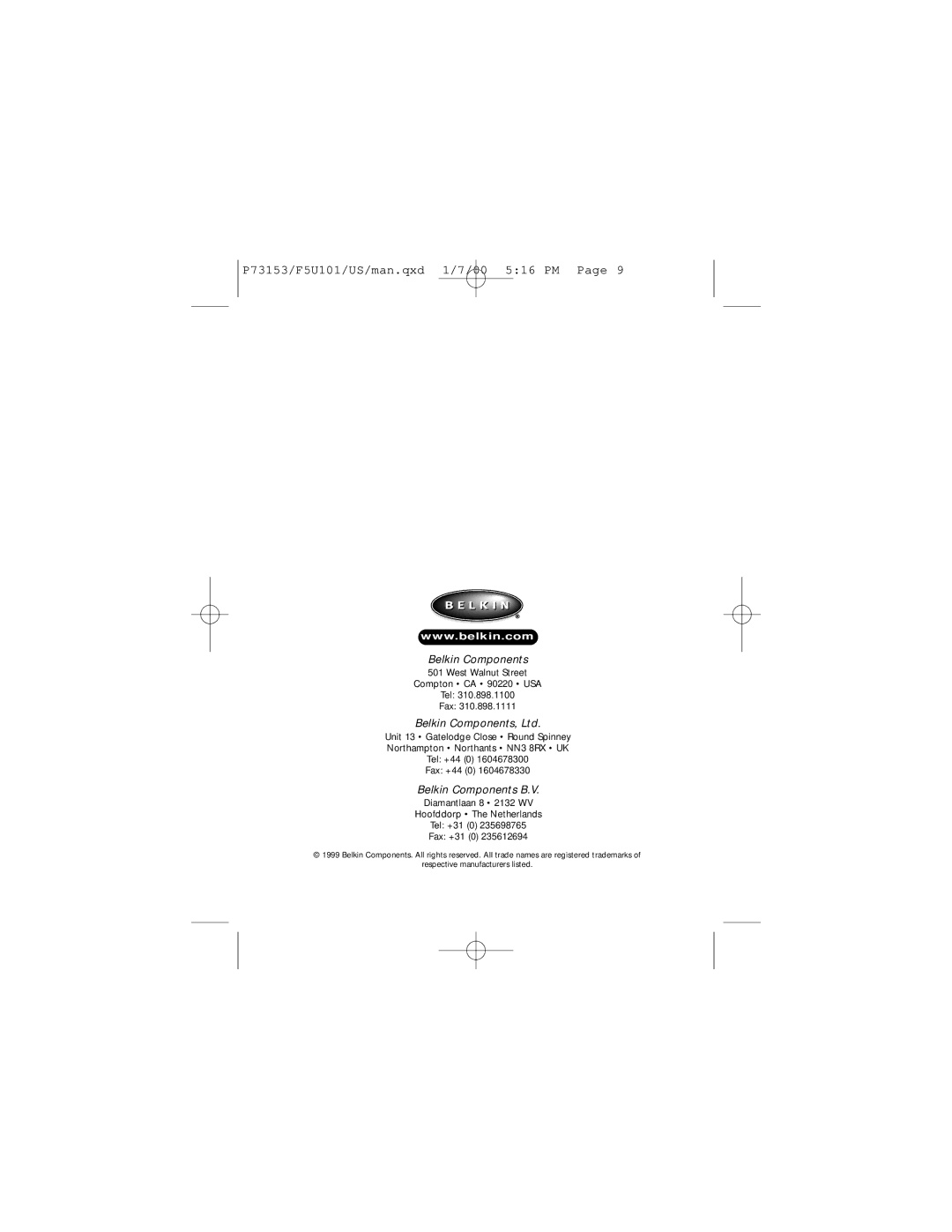 Belkin F5U101, P73153 user manual Belkin Components 