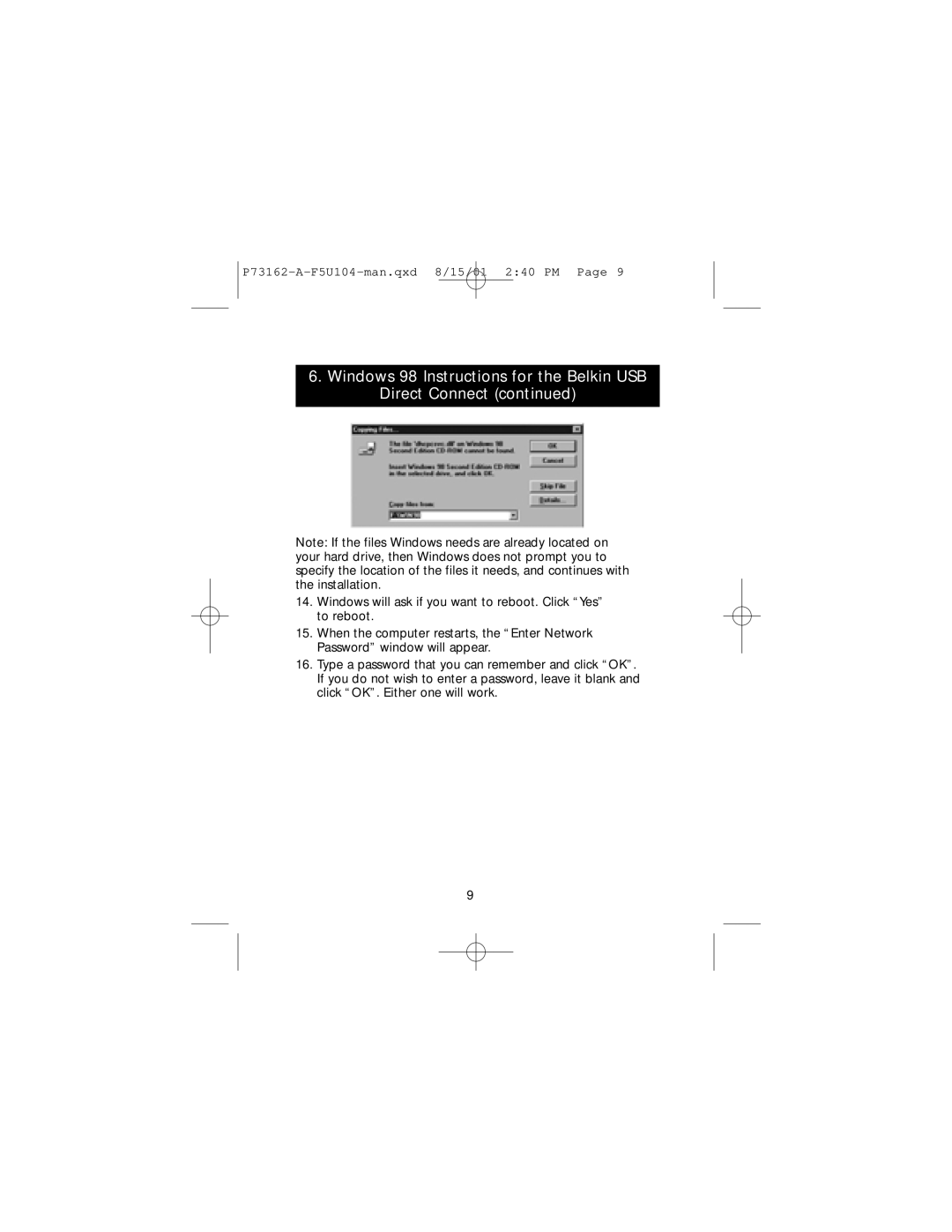 Belkin F5U104, P73162-A user manual Windows 98 Instructions for the Belkin USB Direct Connect 