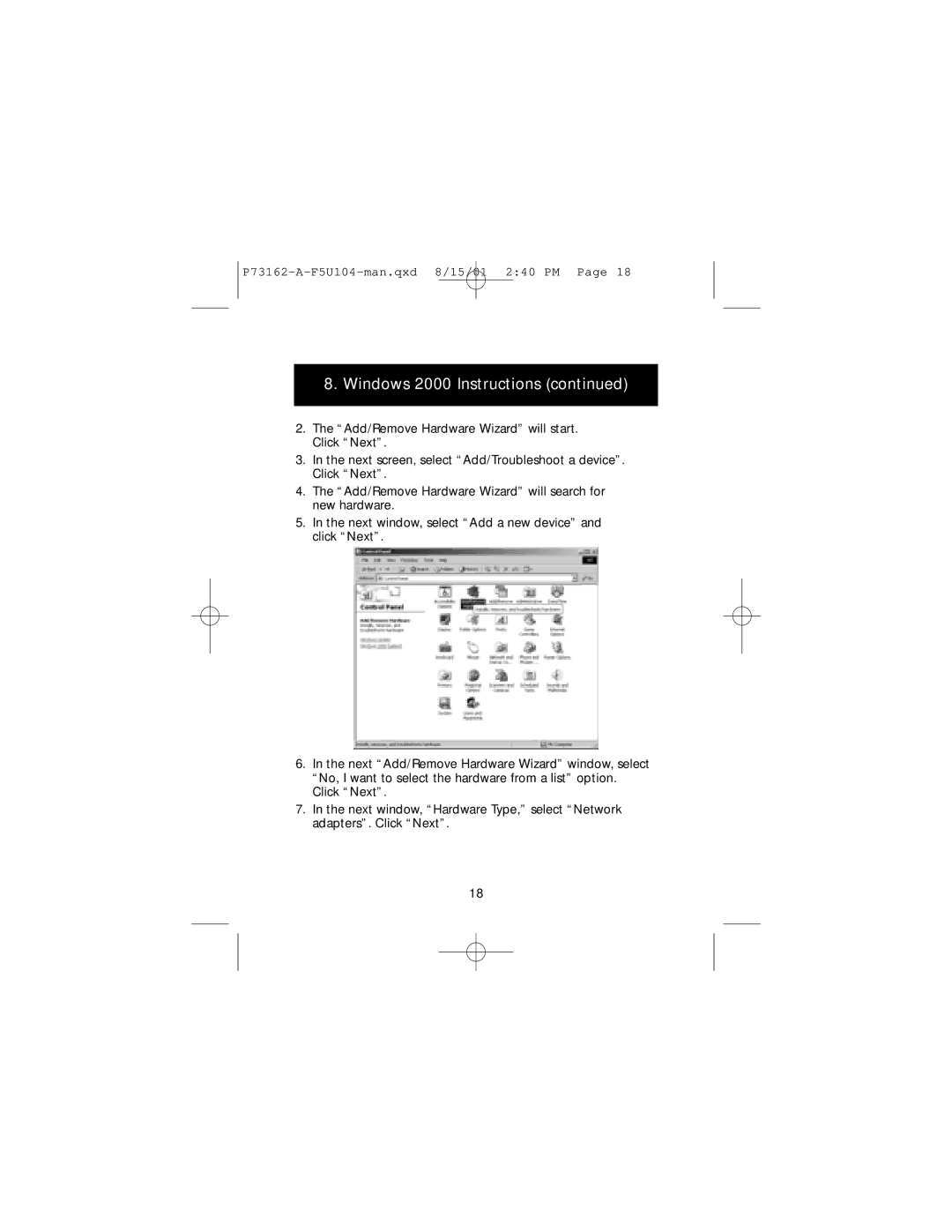 Belkin P73162-A, F5U104 user manual Windows 2000 Instructions 