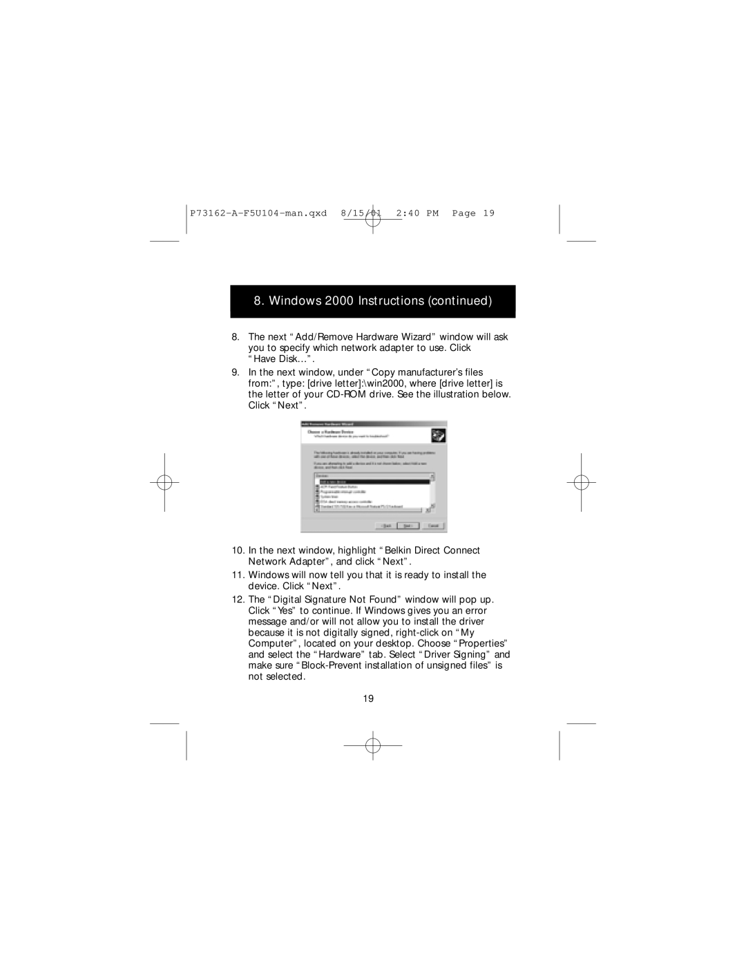 Belkin F5U104, P73162-A user manual Windows 2000 Instructions 