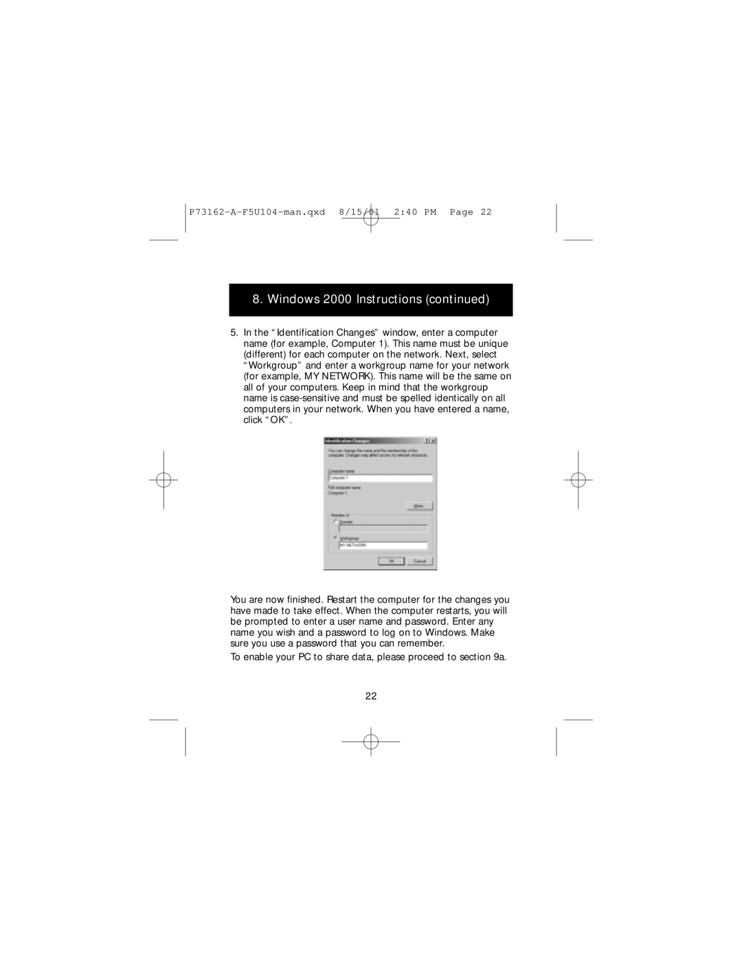 Belkin P73162-A, F5U104 user manual Windows 2000 Instructions 