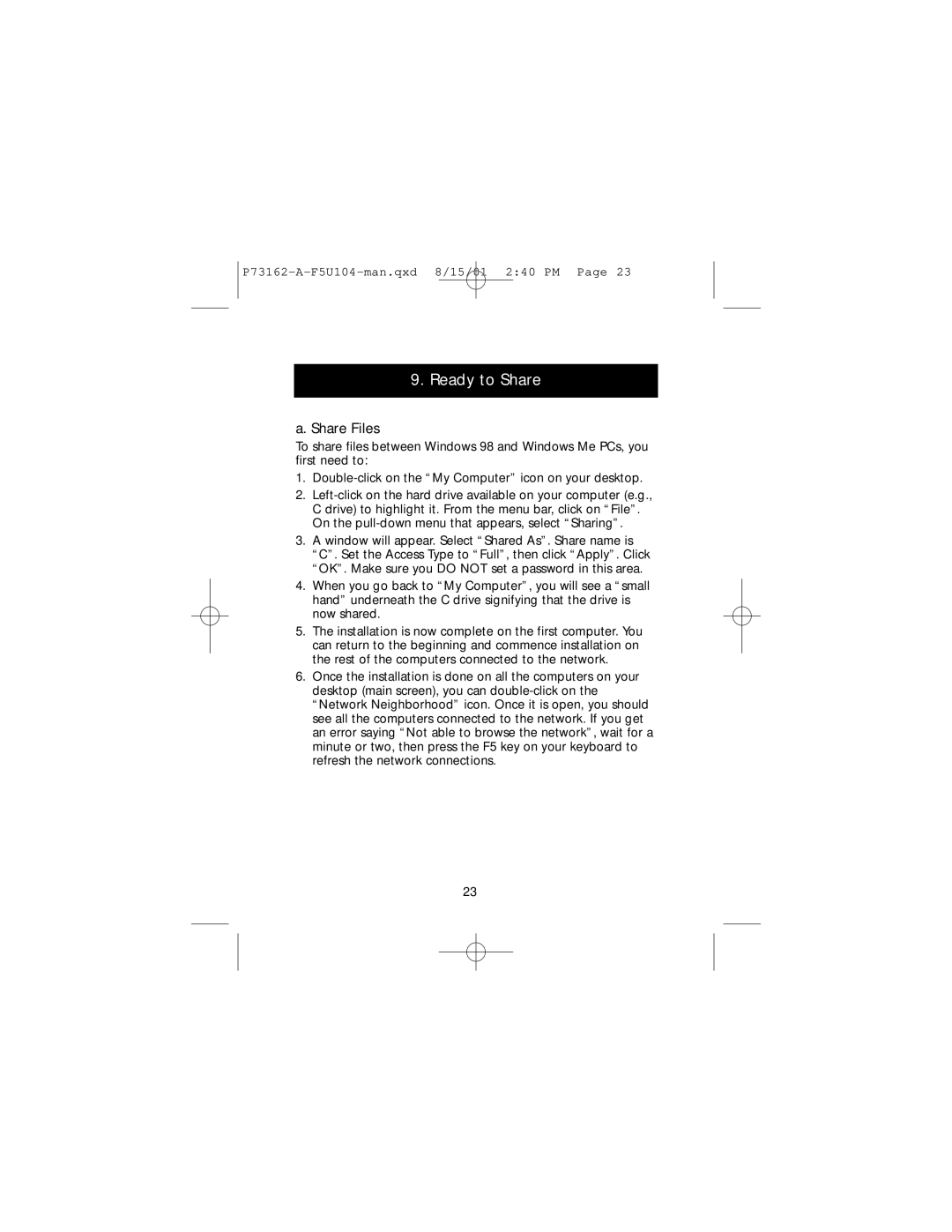 Belkin F5U104, P73162-A user manual Ready to Share, Share Files 