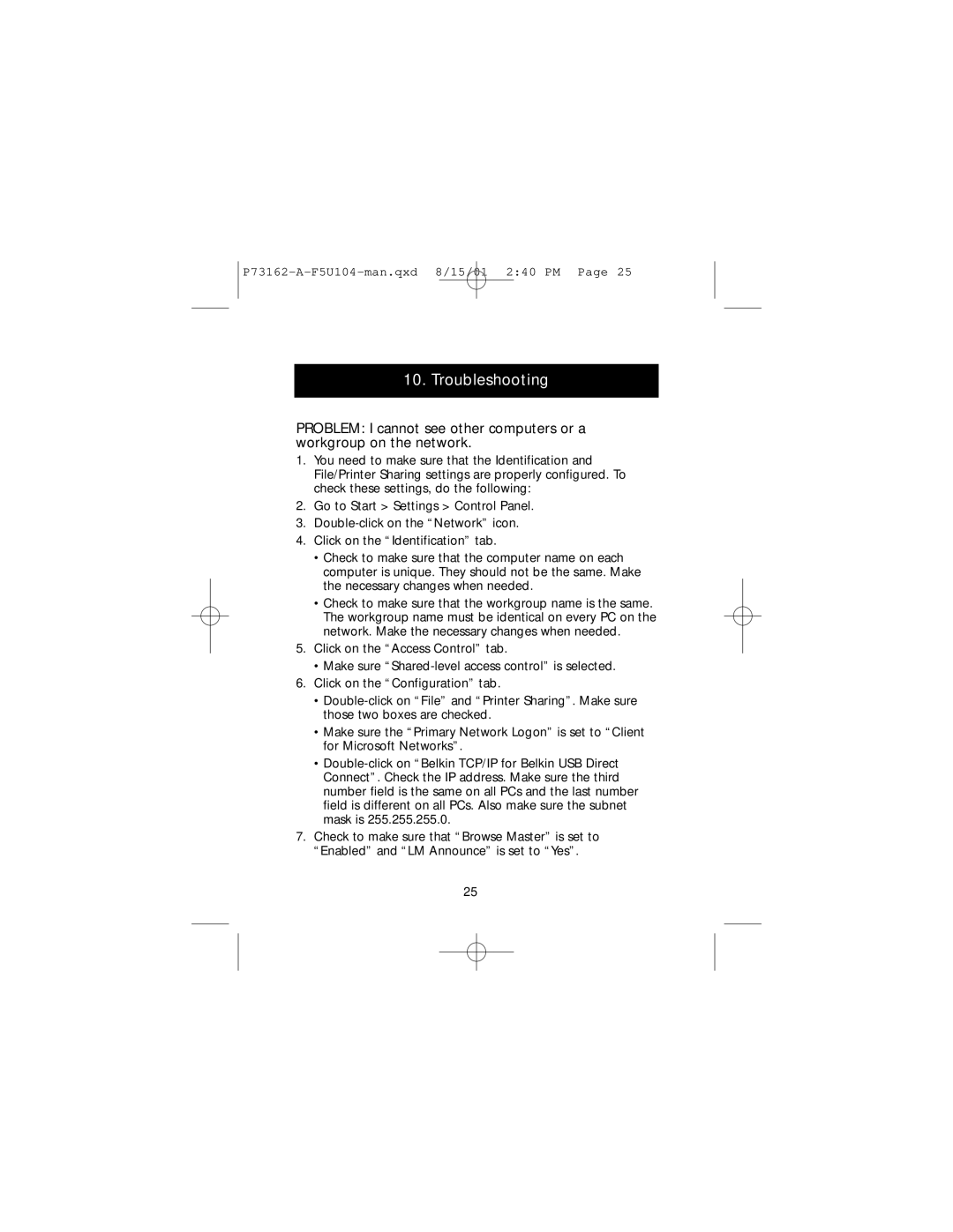 Belkin F5U104, P73162-A user manual Troubleshooting 