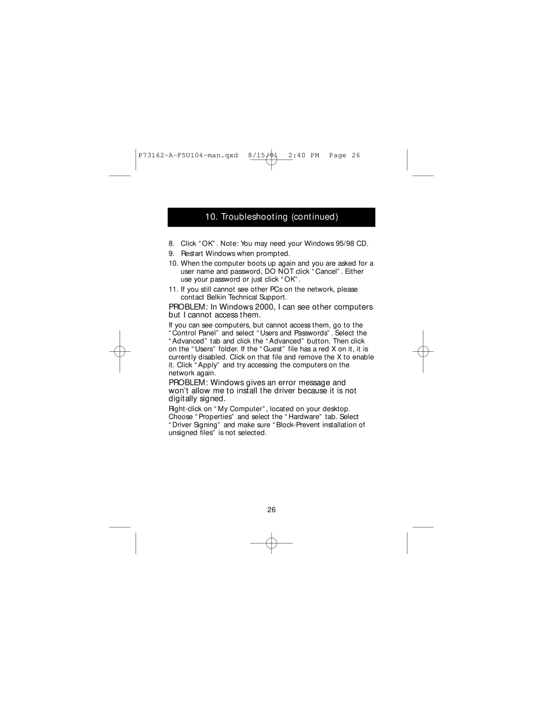 Belkin P73162-A, F5U104 user manual Troubleshooting 