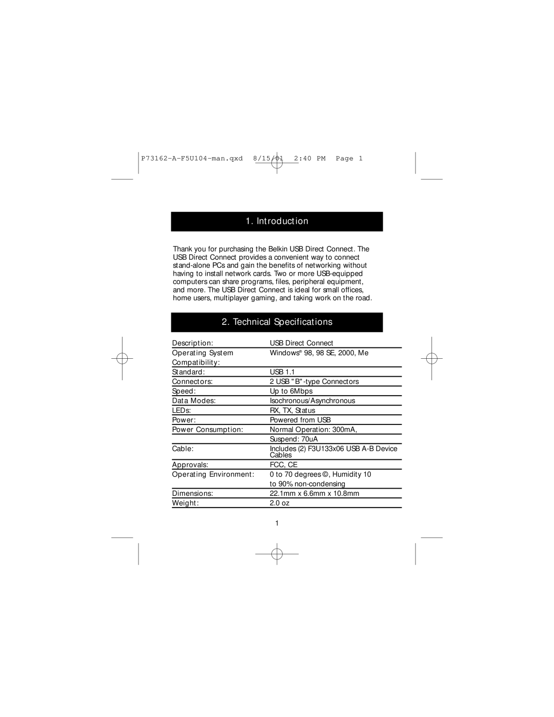 Belkin F5U104, P73162-A user manual Introduction, Technical Specifications 