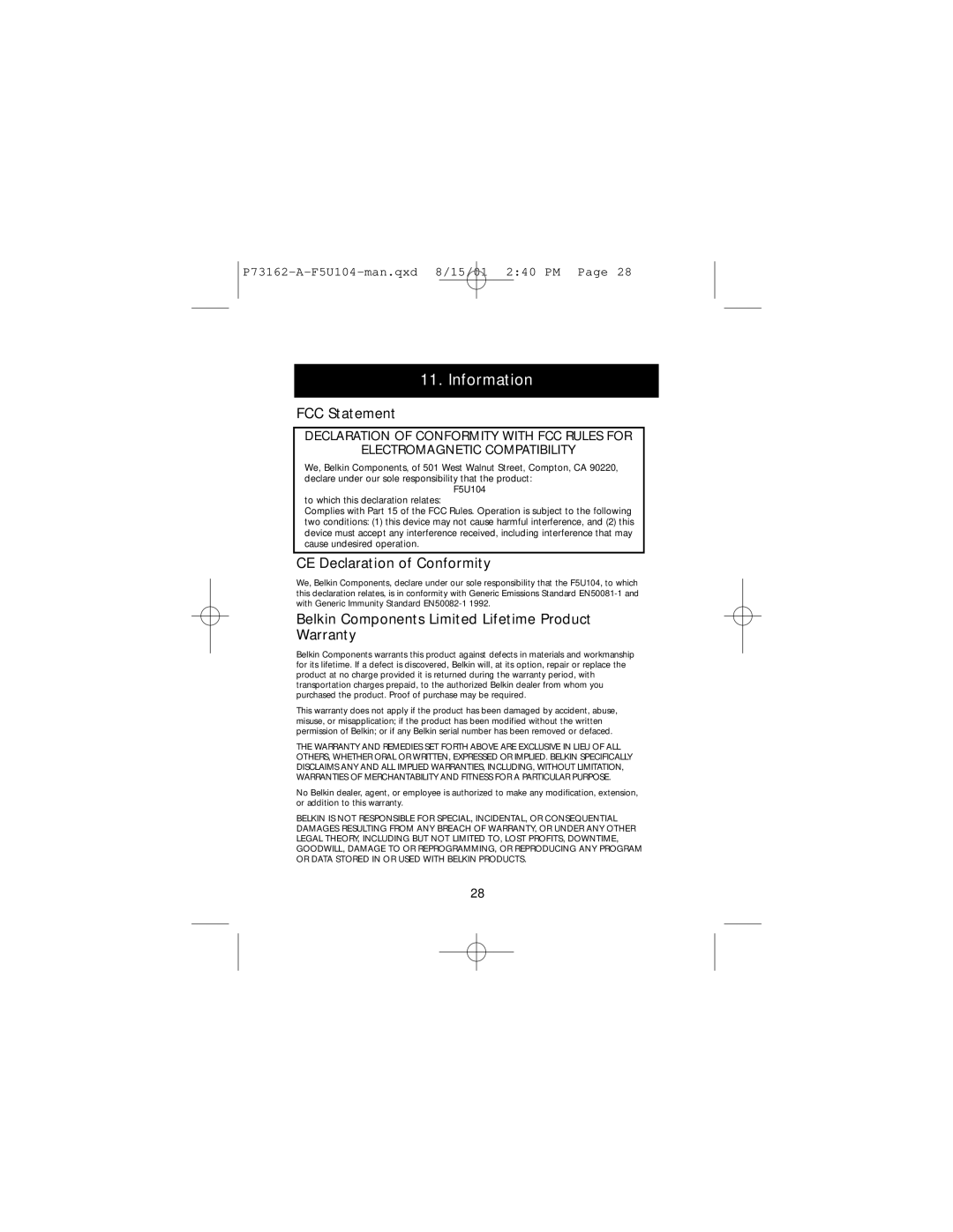 Belkin P73162-A, F5U104 user manual Information, FCC Statement, CE Declaration of Conformity 