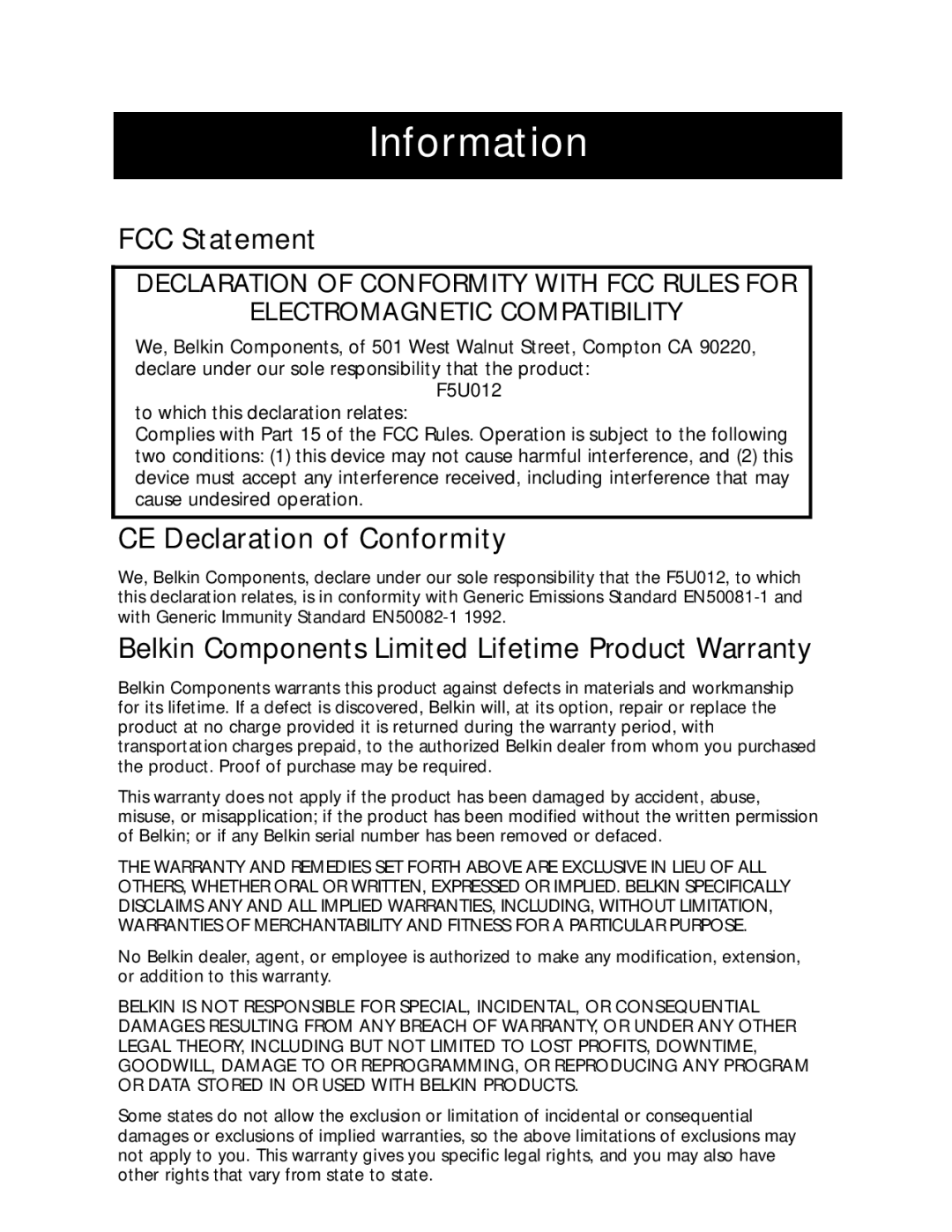 Belkin P73213-A user manual Information, FCC Statement, CE Declaration of Conformity 