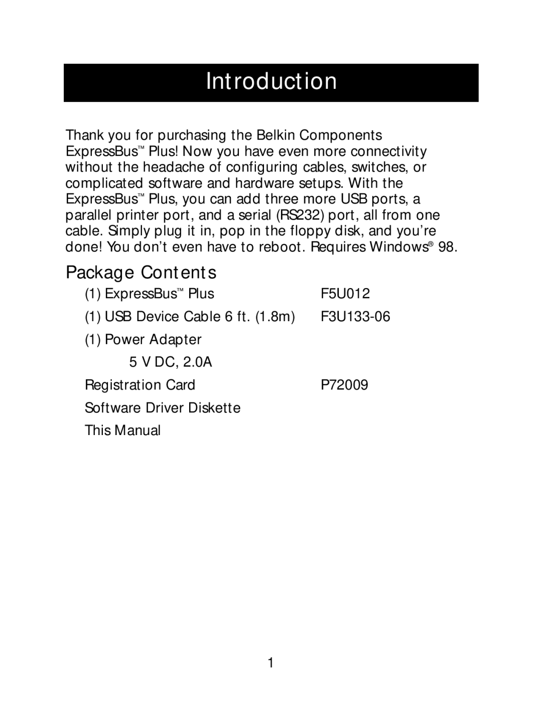 Belkin P73213-A user manual Introduction, Package Contents 