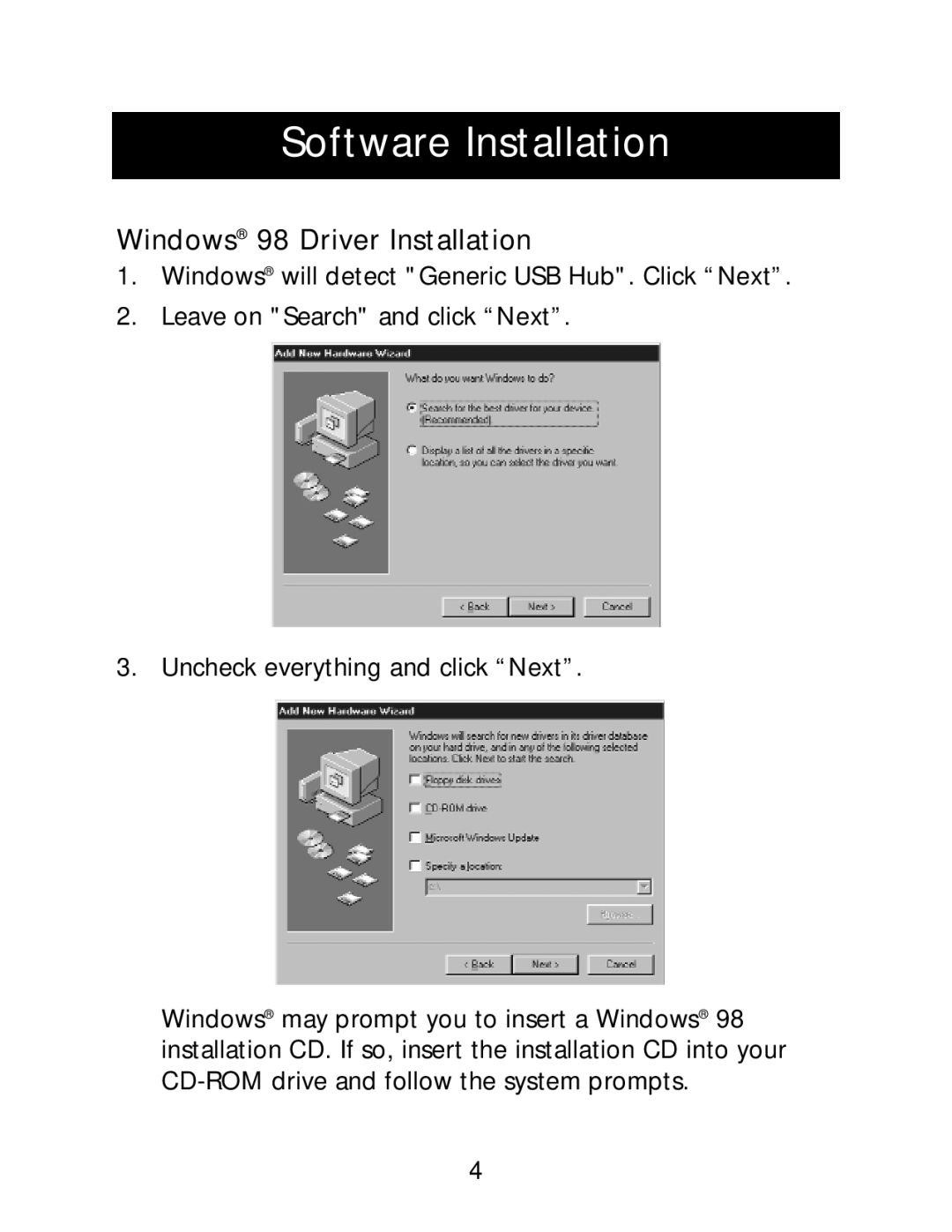 Belkin P73213-A user manual Software Installation, Windows 98 Driver Installation 