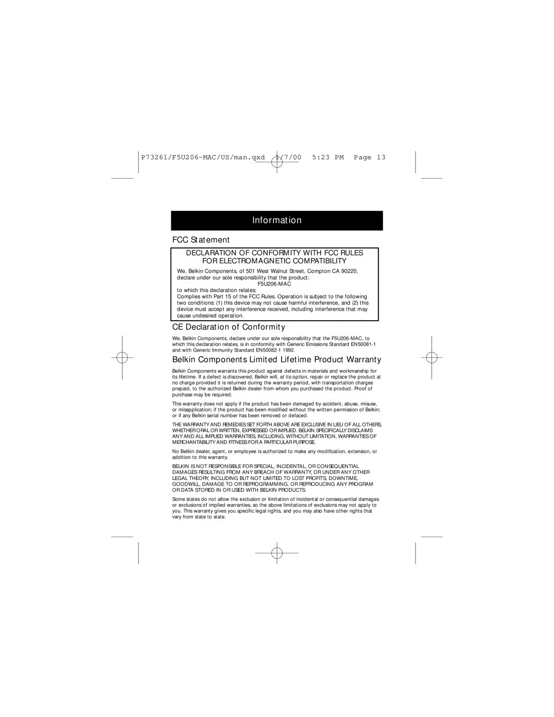 Belkin P73261 manual Information, FCC Statement, CE Declaration of Conformity 