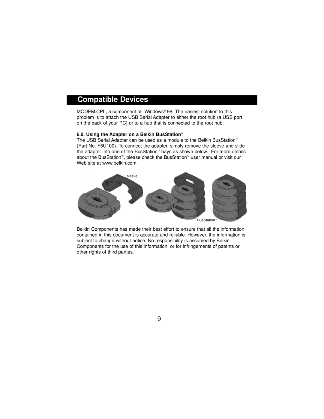 Belkin F5U103, P73309 user manual Compatible Devices, Using the Adapter on a Belkin BusStation 