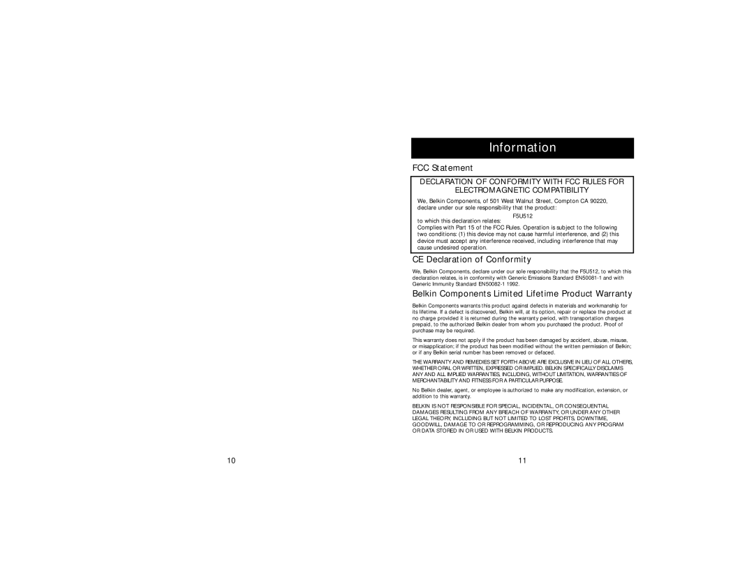 Belkin P73366-A installation manual Information, FCC Statement, CE Declaration of Conformity 