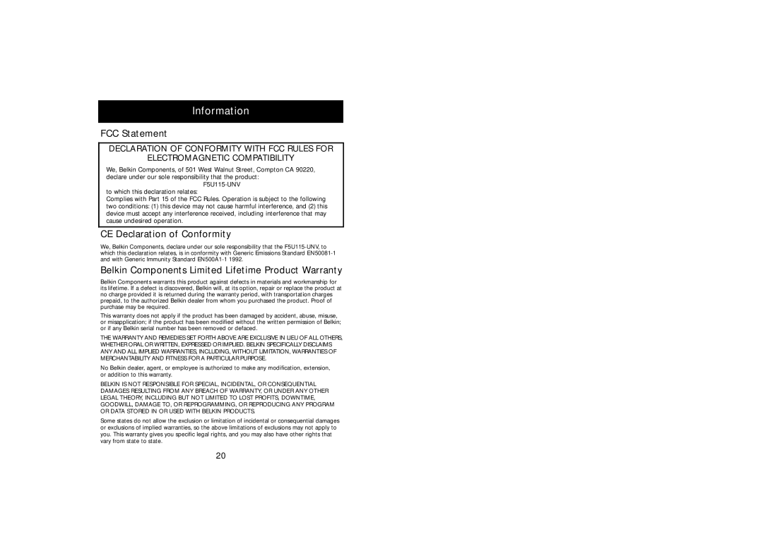 Belkin P73417-A, F5U115-UNV manual Information, FCC Statement, CE Declaration of Conformity 