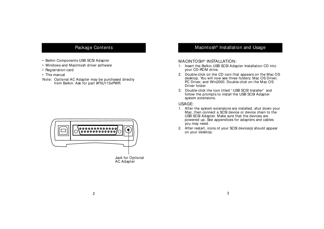 Belkin F5U115-UNV, P73417-A manual Package Contents, Macintosh Installation and Usage 