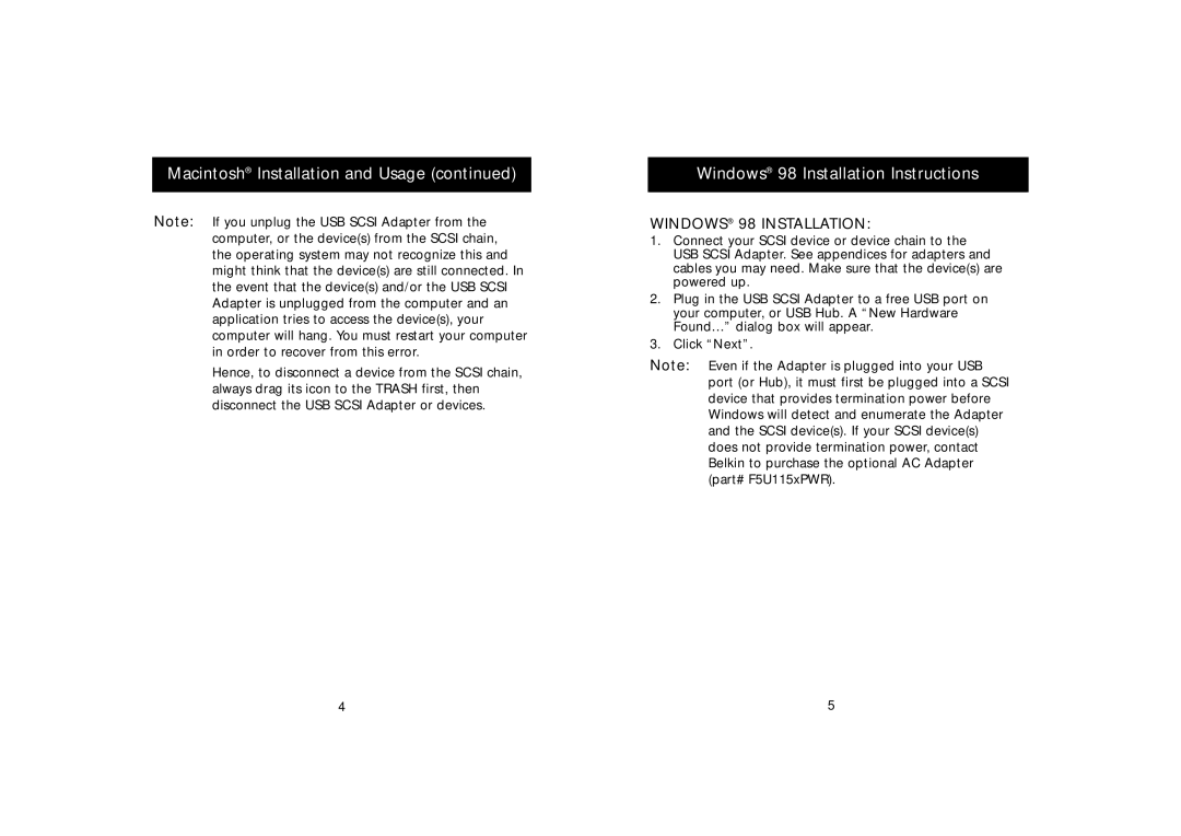 Belkin P73417-A, F5U115-UNV manual Windows 98 Installation Instructions 