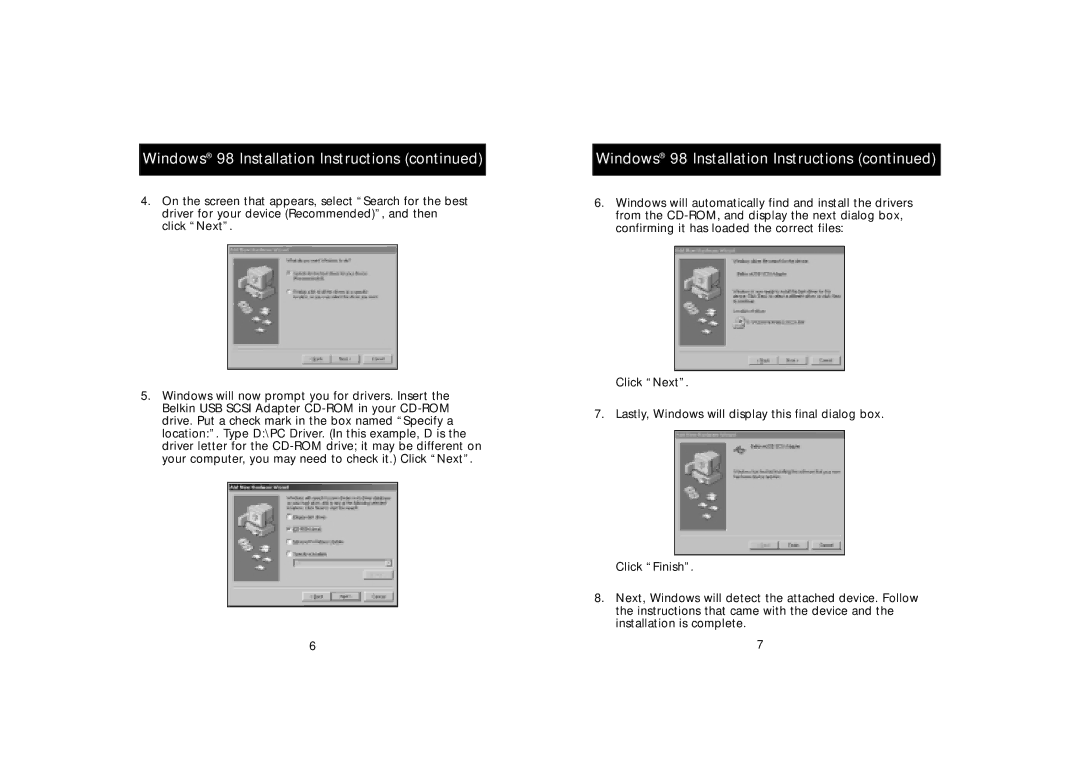 Belkin F5U115-UNV, P73417-A manual Windows 98 Installation Instructions 