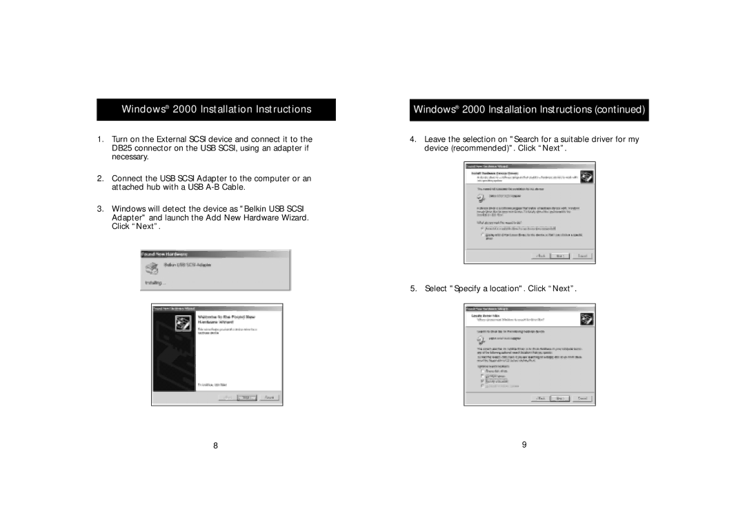 Belkin P73417-A, F5U115-UNV manual Windows 2000 Installation Instructions 