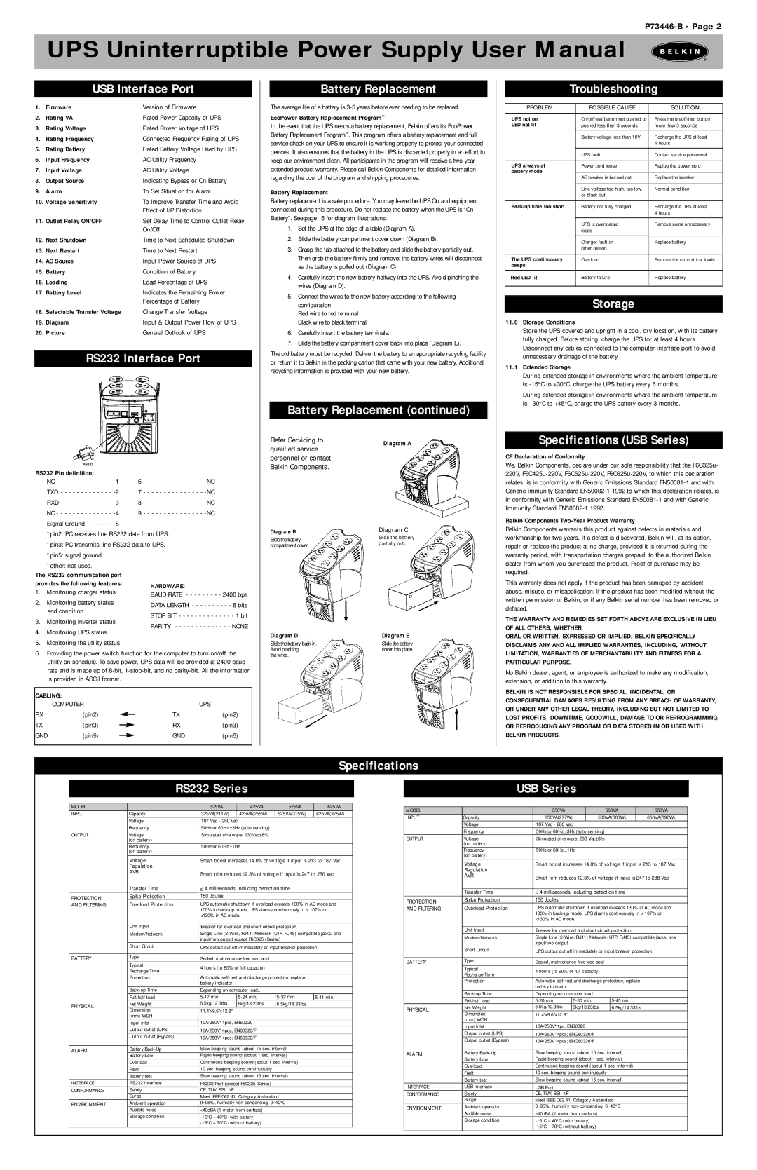 Belkin P73446-B RS232 Interface Port, Battery Replacement, Troubleshooting, Storage, Specifications USB Series 