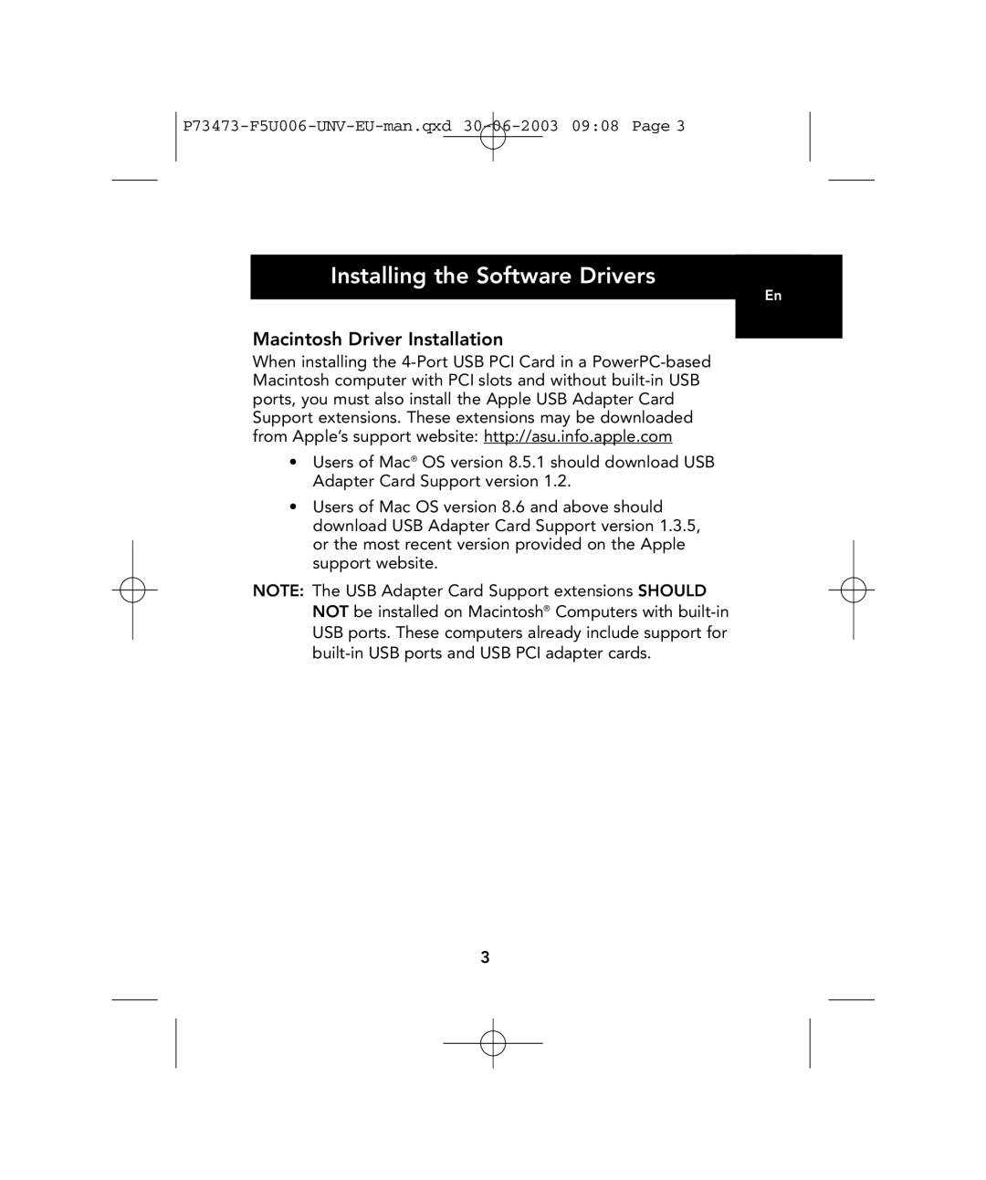 Belkin P73473 F5U006-UNV user manual Installing the Software Drivers, Macintosh Driver Installation 