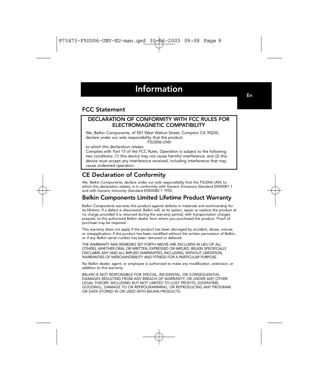 Belkin P73473 F5U006-UNV FCC Statement, CE Declaration of Conformity, Belkin Components Limited Lifetime Product Warranty 