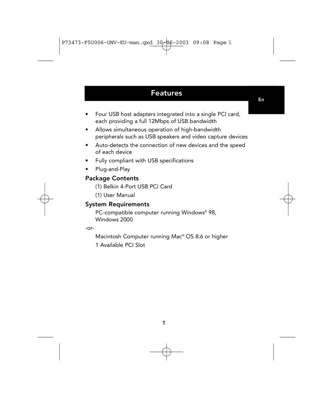 Belkin P73473 F5U006-UNV user manual Features, Package Contents, System Requirements 