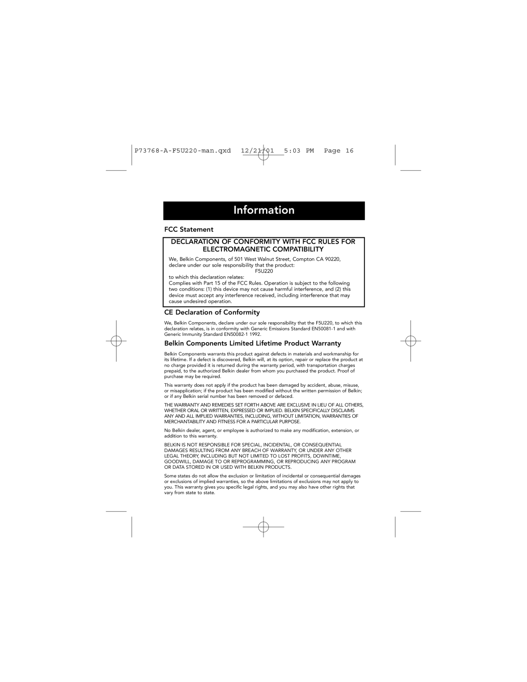 Belkin P73768-A user manual Information, CE Declaration of Conformity 