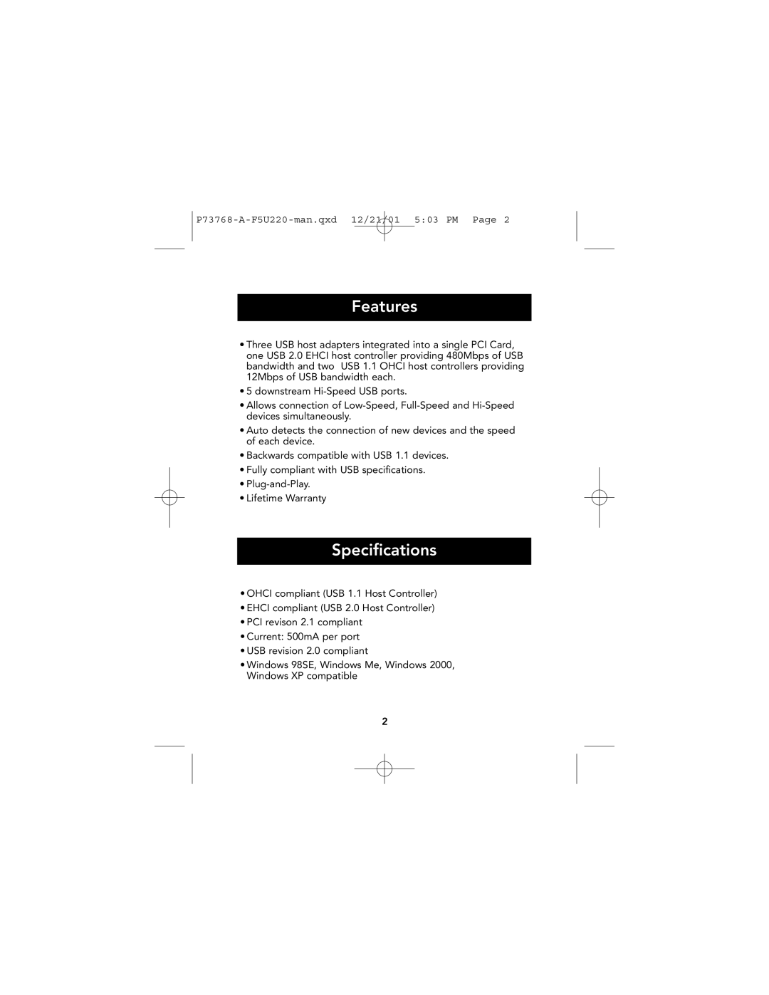 Belkin P73768-A user manual Features, Specifications 