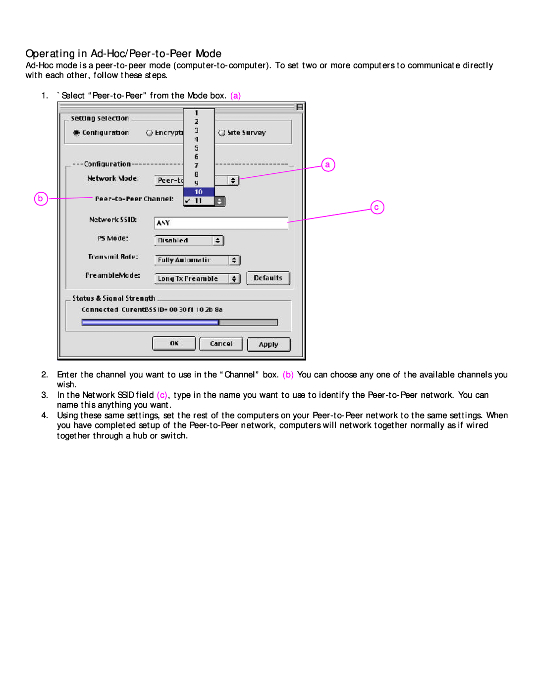 Belkin P73851-B user manual Operating in Ad-Hoc/Peer-to-Peer Mode, a b c 