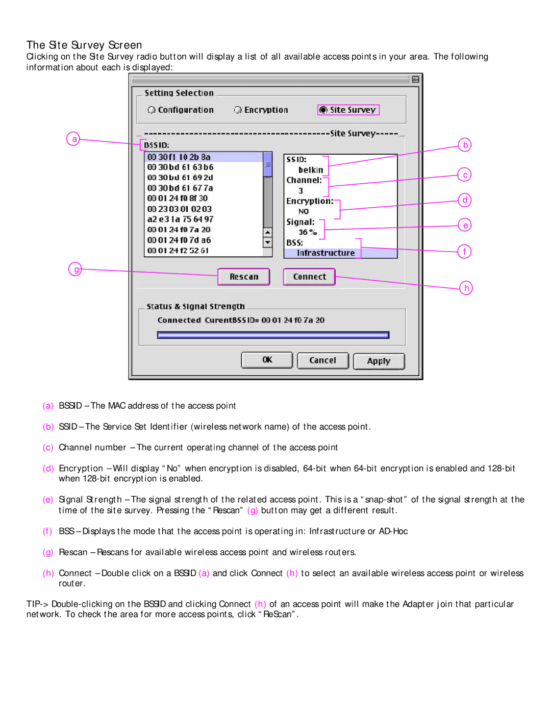 Belkin P73851-B user manual Site Survey Screen 