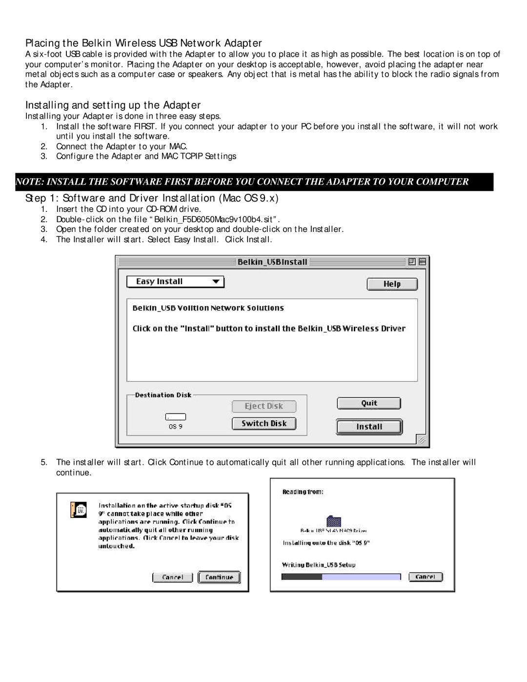 Belkin P73851-B user manual Placing the Belkin Wireless USB Network Adapter, Installing and setting up the Adapter 