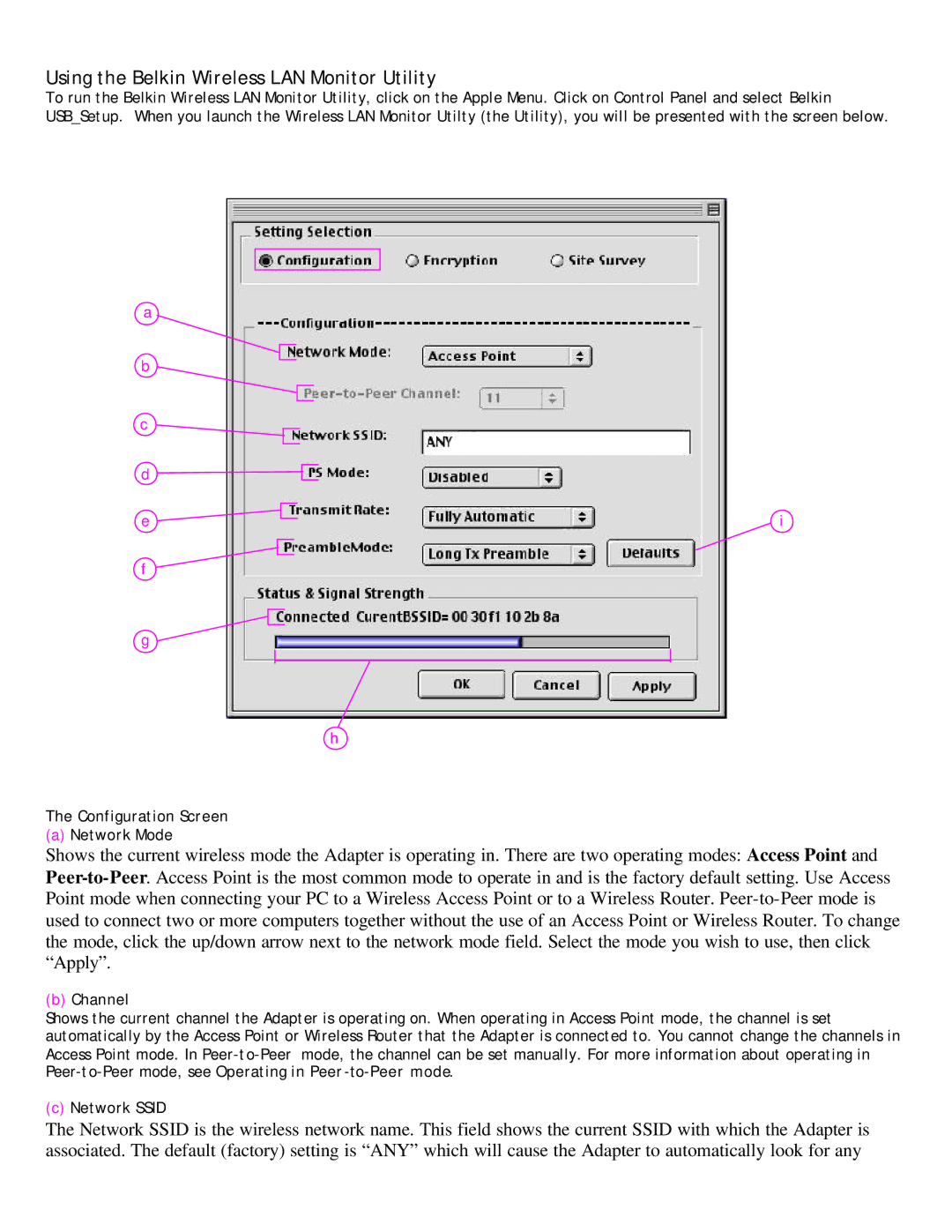 Belkin P73851-B Using the Belkin Wireless LAN Monitor Utility, Configuration Screen Network Mode, Channel, Network Ssid 