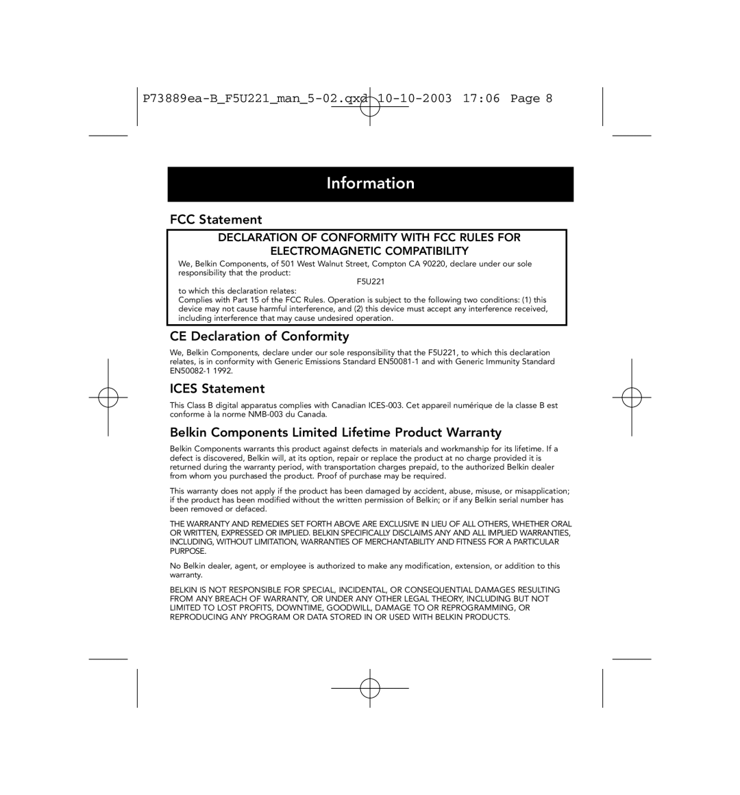 Belkin P73889ea-B user manual Information, FCC Statement 