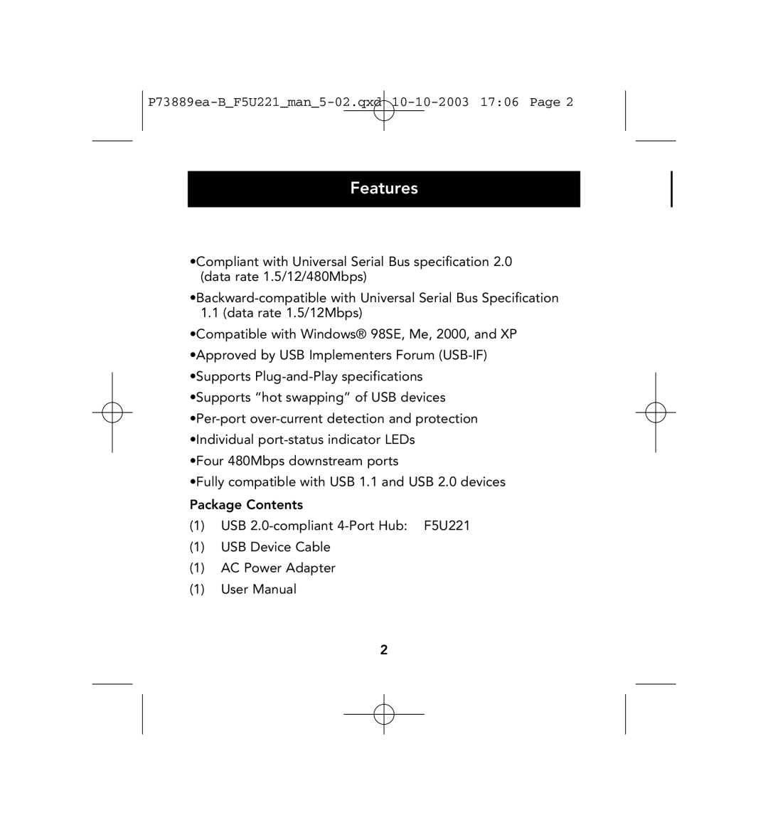 Belkin P73889ea-B user manual Features 