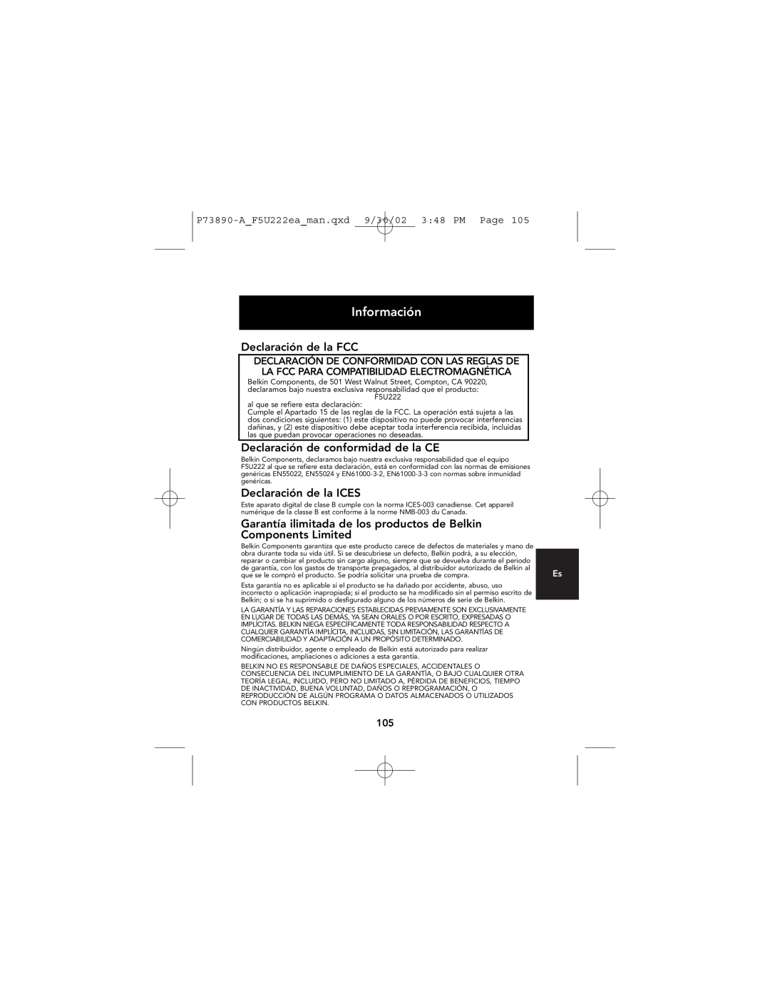 Belkin P73890EA-A manual Información, Declaración de la FCC, Declaración de conformidad de la CE, Declaración de la ICES 