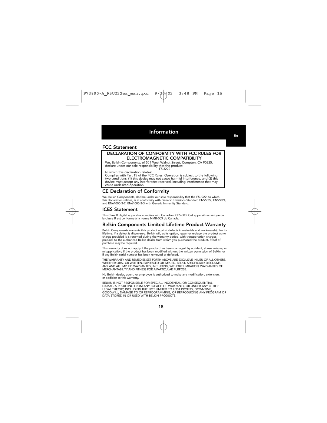 Belkin P73890EA-A manual Information, FCC Statement, CE Declaration of Conformity, ICES Statement 