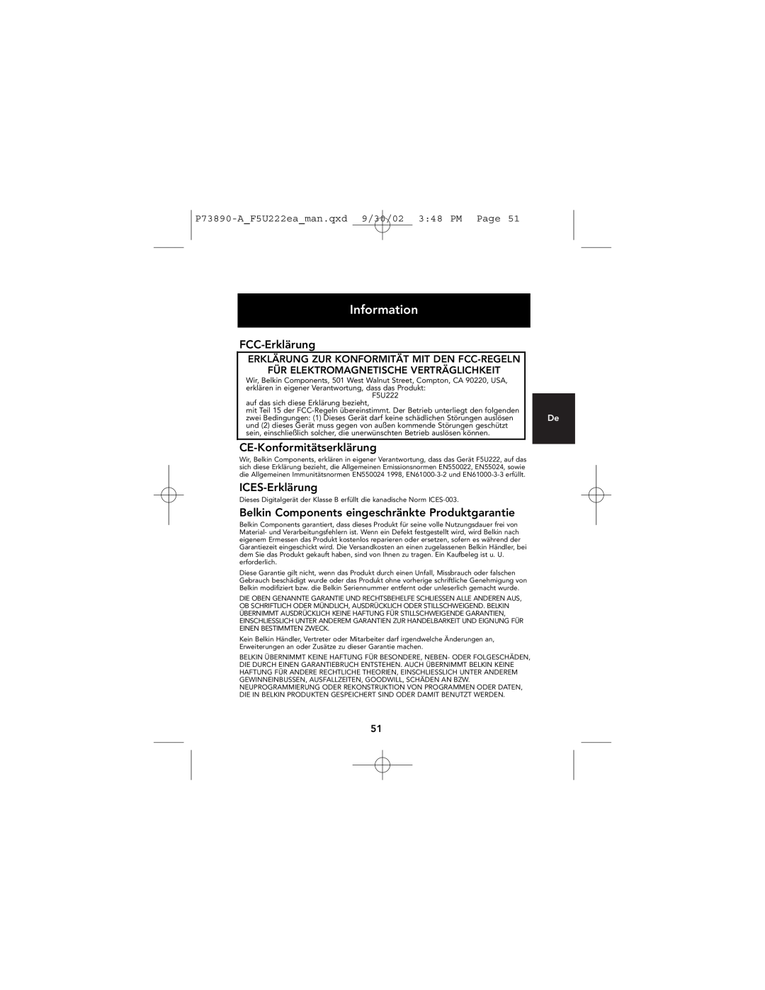 Belkin P73890EA-A manual FCC-Erklärung, CE-Konformitätserklärung, ICES-Erklärung, Information 