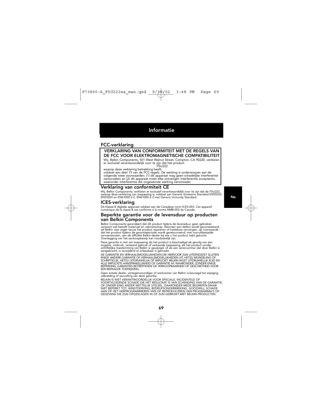 Belkin P73890EA-A manual Informatie, FCC-verklaring, Verklaring van conformiteit CE, ICES-verklaring 
